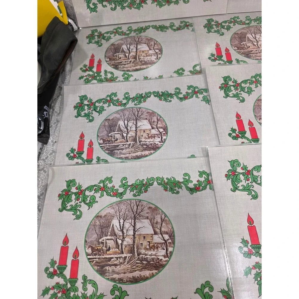 8 Vintage Christmas Placemats Winter Scene Holly‎ Candle Decor Currier & Ives